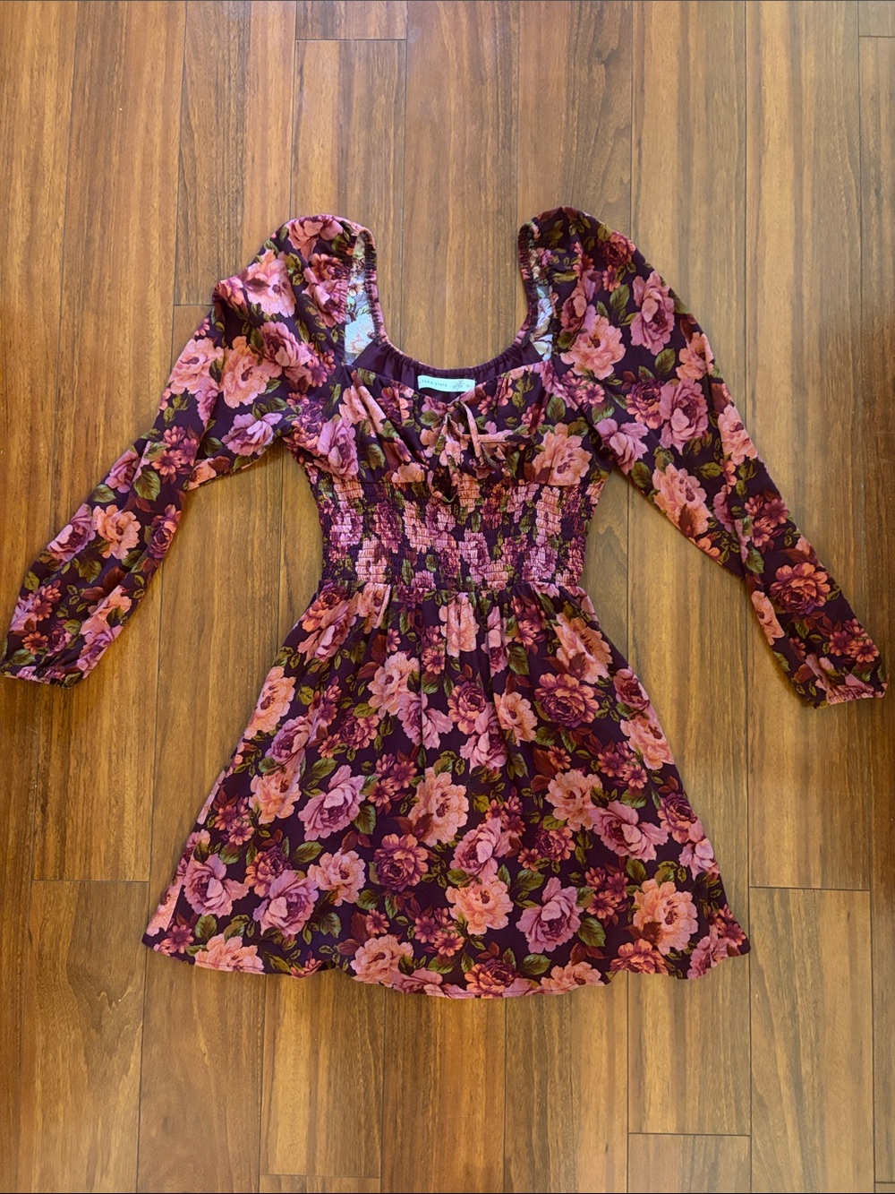 Altar'd State Pink Floral Smocked Waist Long Sleeve Dress